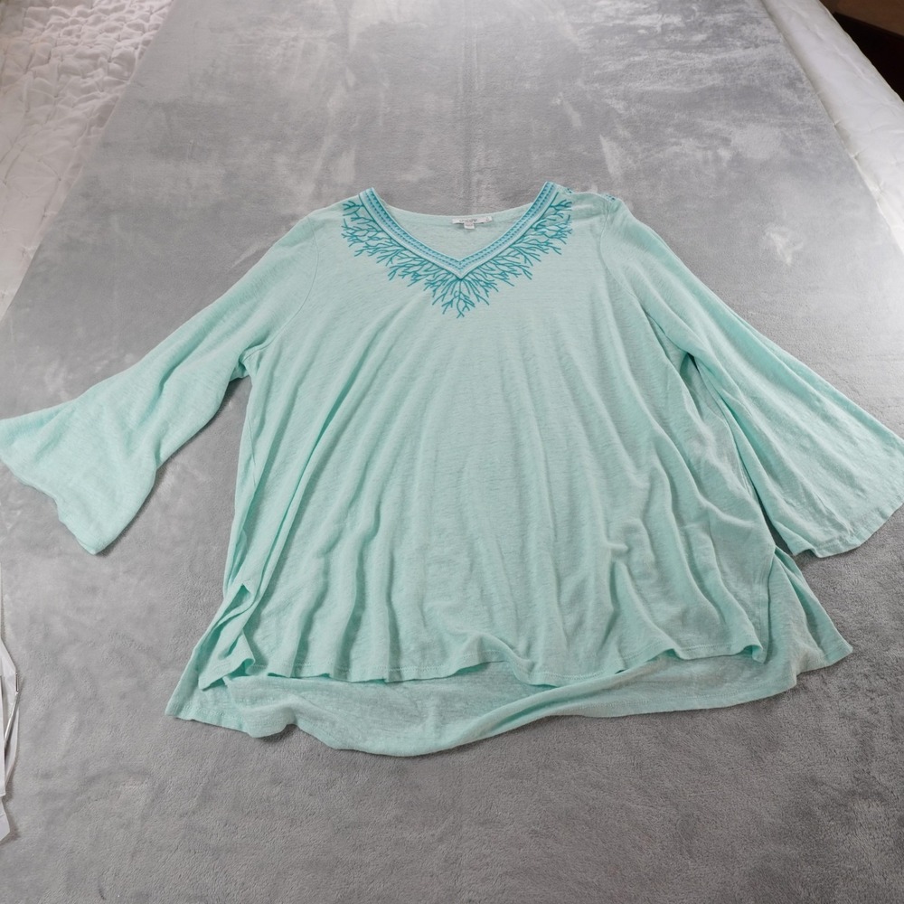 Chicos Linen Embroidered Tunic Top Womens XXL  (4) Green Beachy Coastal Stretch - Picture 8 of 11